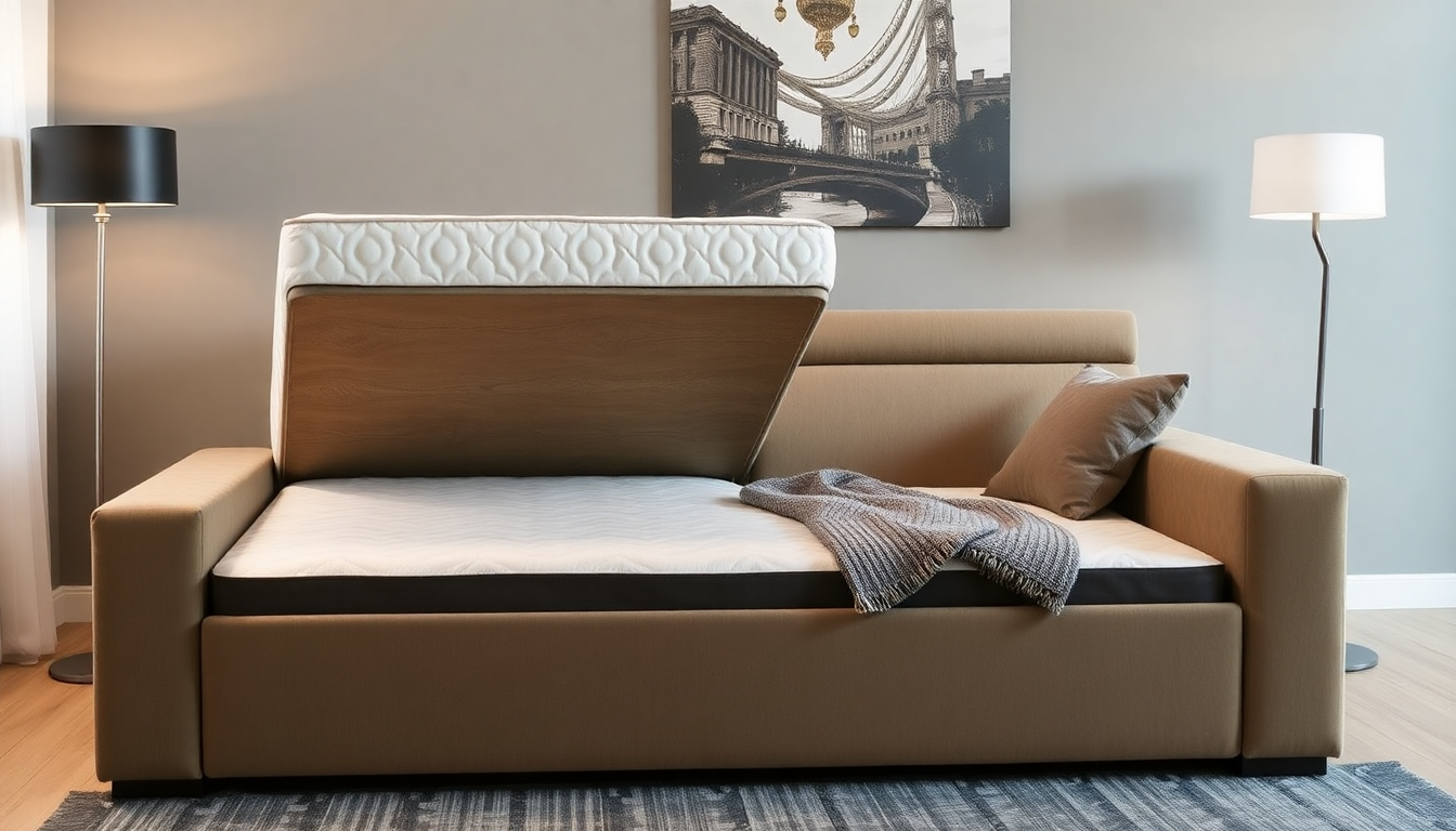 Studio chic et fonctionnel : allier literie avec coffre en tissu bouclé et canapé convertible en velours côtelé pour optimiser l’espace