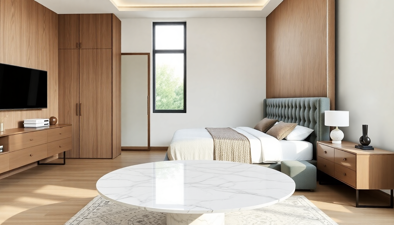 Dormitorios modernos en 2025: incorporación de camas arcón de tela y mesas de comedor redondas de mármol para un estilo contemporáneo