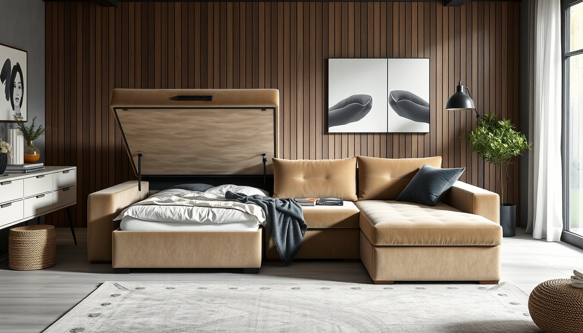 Confort, rangement et design éco-chic : literie coffre et canapés convertibles en velours côtelé et tissu boucle pour un intérieur Casafab moderne, durable et tendance.