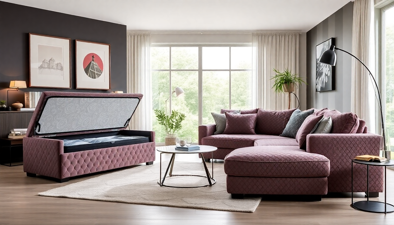 Astuces d'implantation : positionner un sommier avec coffre en tissu bouclé et un canapé convertible ou reformable en velours côtelé pour un salon optimisé