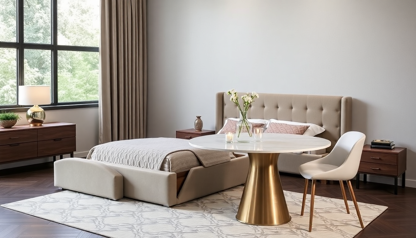 Dormitorio confortable: combine camas de tela y mesas de comedor redondas de mármol para conseguir un estilo elegante en 2025