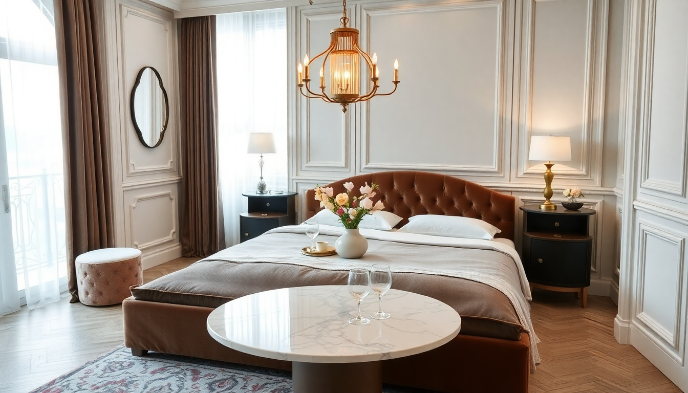 Dormitorio cómodo en 2025: Combinando camas de terciopelo con almacenaje y mesas de comedor redondas de mármol para un estilo elegante