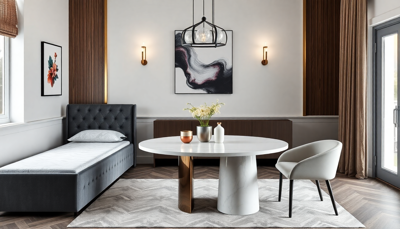 2025 : Créez un Intérieur Pratique avec des Lits Coffres en Velours et des Tables à Manger Ronde en Marbre Blanc