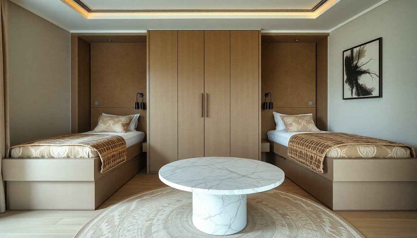 Mobiliario inteligente : Combinación de camas de tela y mesas de comedor redondas de mármol para un interior elegante en 2025