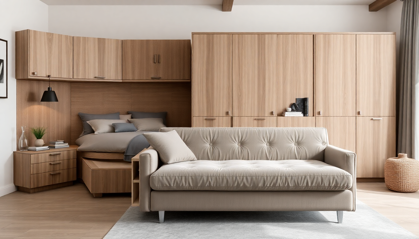 Sacar el máximo partido a una casa pequeña: combinar la ropa de cama con un baúl de tela de lazo de terciopelo y un sofá cama de pana para un interior modular.