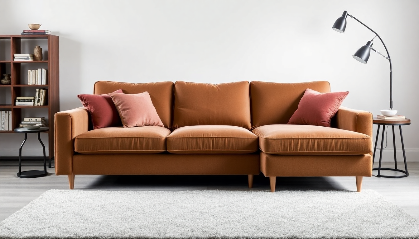 Minimalisme chic : intégrer un sommier avec coffre en tissu boucle velours et un canapé convertible en velours côtelé pour un salon épuré et fonctionnel