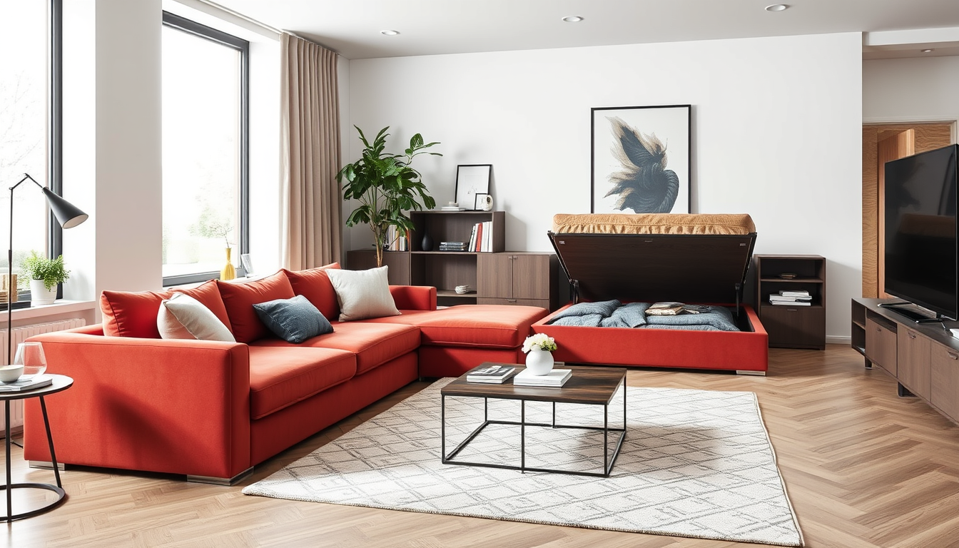 Harmonie et espace optimisé : literie coffre et canapés reformables Casafab en velours côtelé et tissu boucle pour un intérieur contemporain