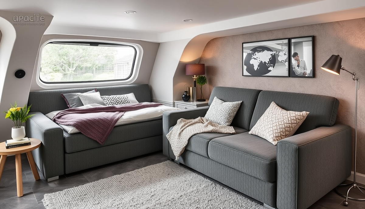 Casafab: Intérieur hybride et durable grâce à la literie coffre et aux canapés convertibles en velours côtelé et tissu boucle — astuces rangement et style moderne.