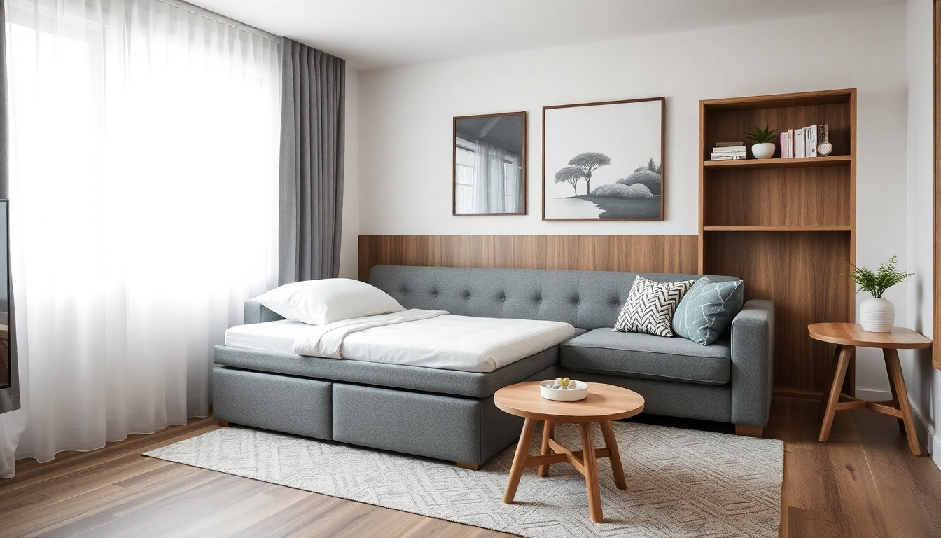 Petit appartement : solutions gain de place avec literie avec coffre en tissu boucle velours et canapés convertibles tendance