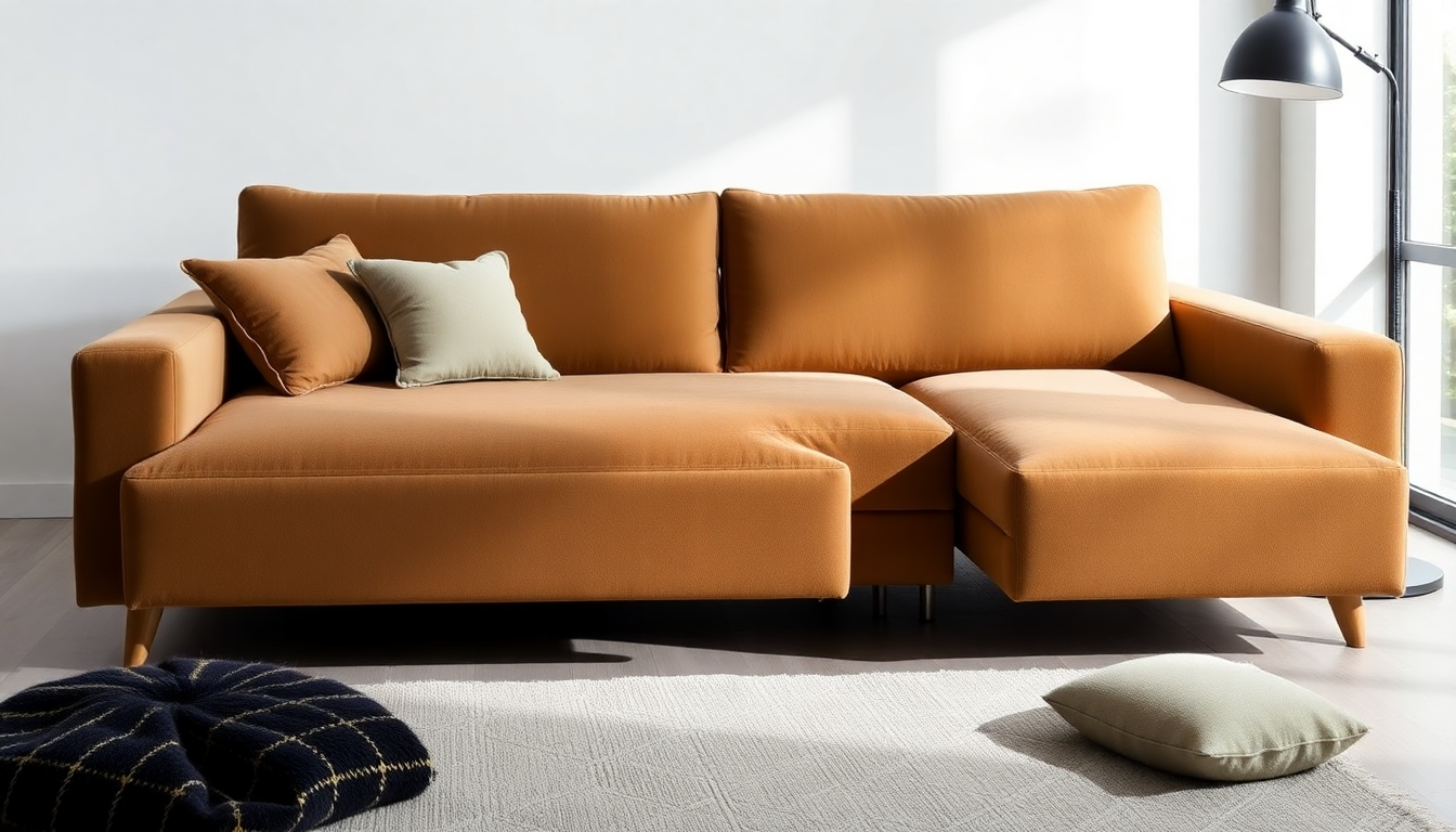 Aménagement en 5 étapes : transformer votre studio avec un sommier à coffre, un canapé convertible en velours côtelé et tissu boucle velours