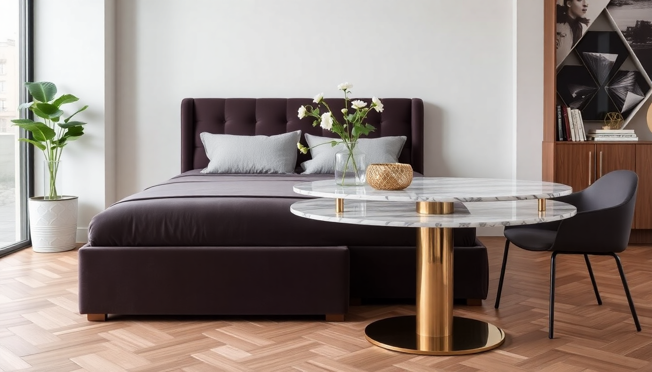 Aménagement Intérieur 2025 : Intégrer des Lits Coffres en Velours et des Tables à Manger Ronde en Marbre pour un Style Élégant et Fonctionnel