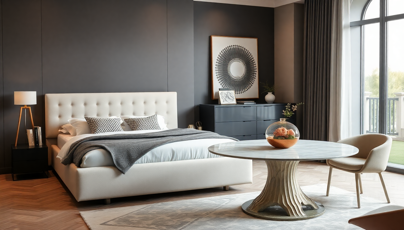 Mobiliario elegante en 2025: camas arcón de tela y mesas de comedor redondas de mármol para un interior elegante y práctico