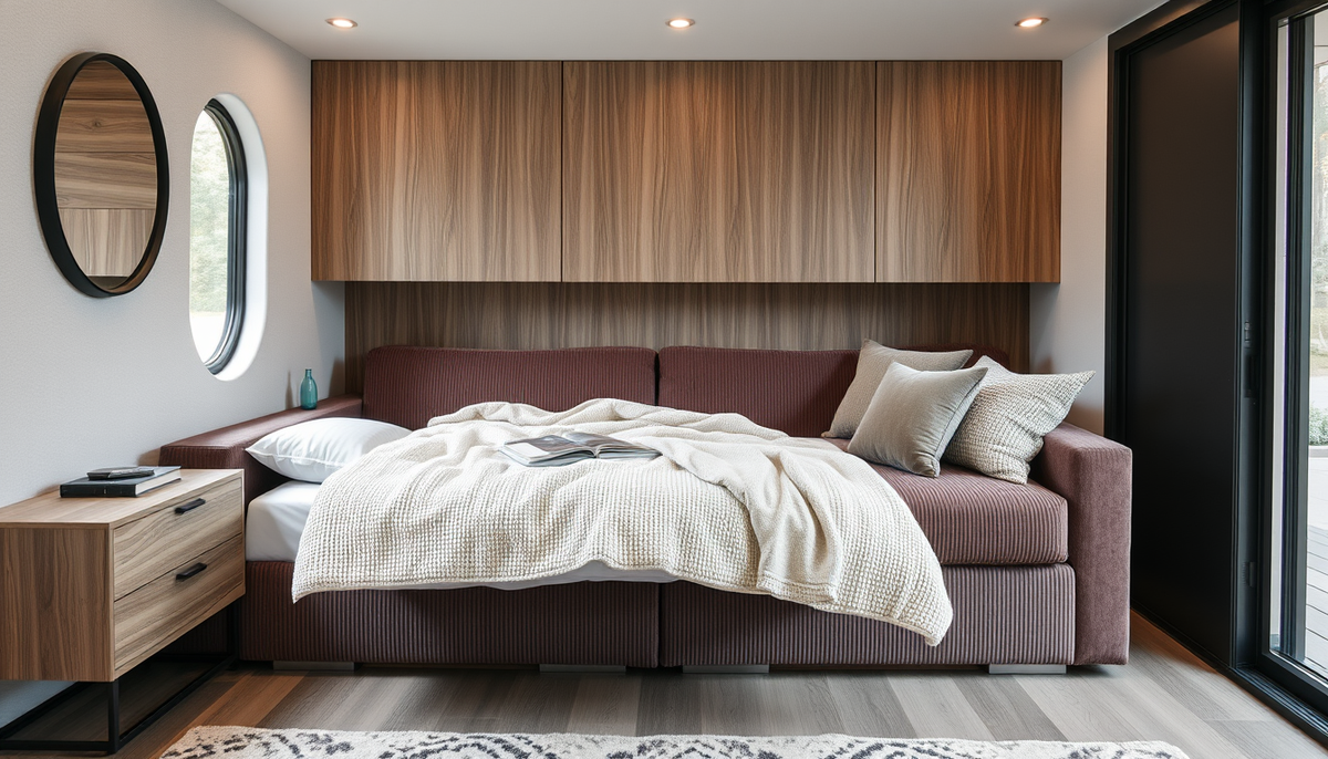 Intérieur modulable et durable avec literie coffre et canapés convertibles Casafab : velours côtelé et tissu boucle au service du style et du rangement