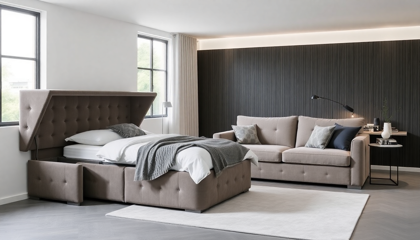 Aménagement malin : choisir une literie avec coffre en tissu bouclé et un canapé convertible en velours côtelé pour un intérieur moderne et pratique