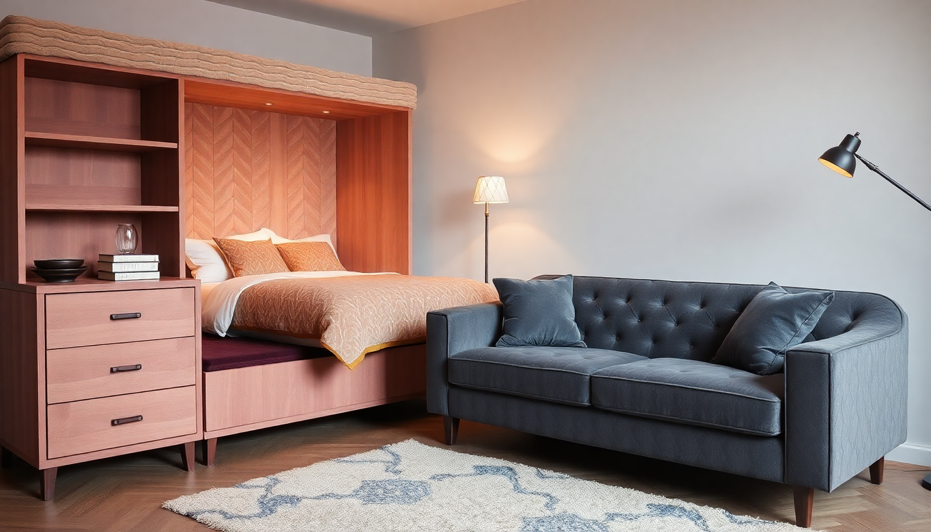 Avant‑Après : doubler l'espace d'un studio avec un sommier à coffre en tissu bouclé et un canapé convertible en velours côtelé