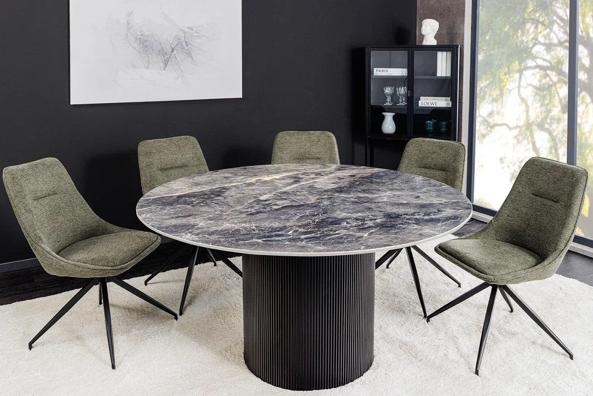 table à manger ronde avec 4 chaises et 2 rallonges bleu vintage