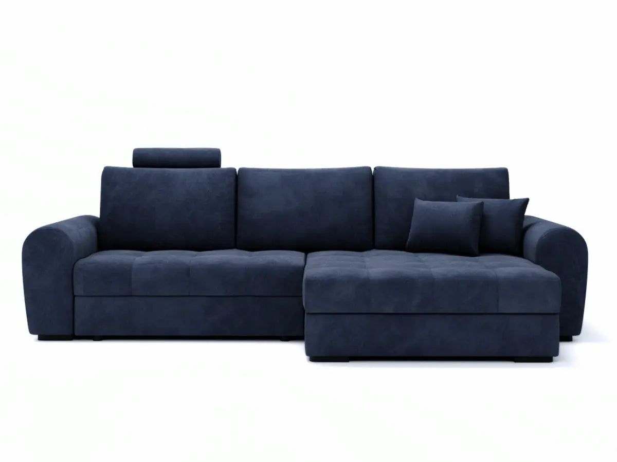 Canapé d'angle convertible avec têtière et coffre GIVERNY Tissu-velours-bleu-Droit