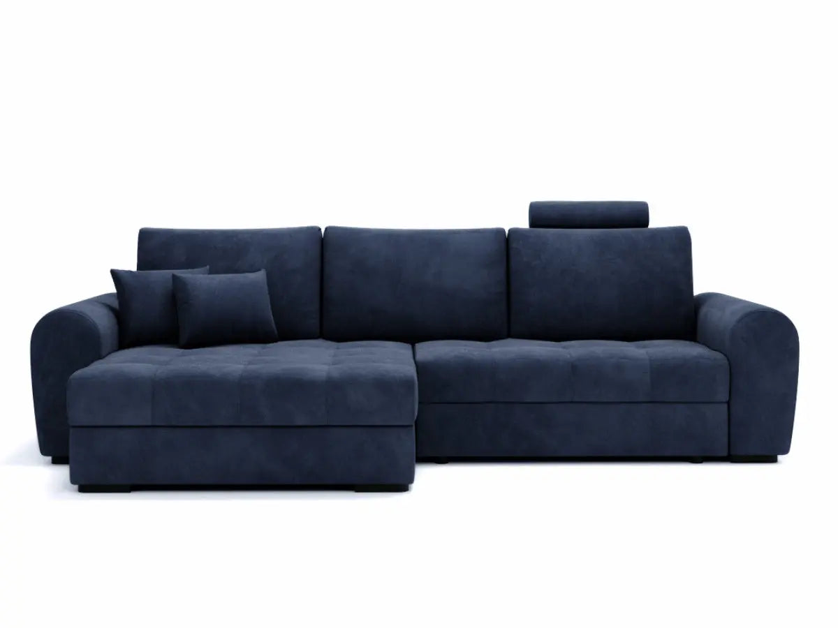 Canapé d'angle convertible avec têtière et coffre GIVERNY Tissu-velours-bleu-Gauche