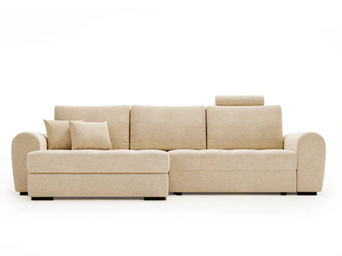 Canapé d'angle convertible avec têtière et coffre GIVERNY Tissu-velours-beige-Gauche