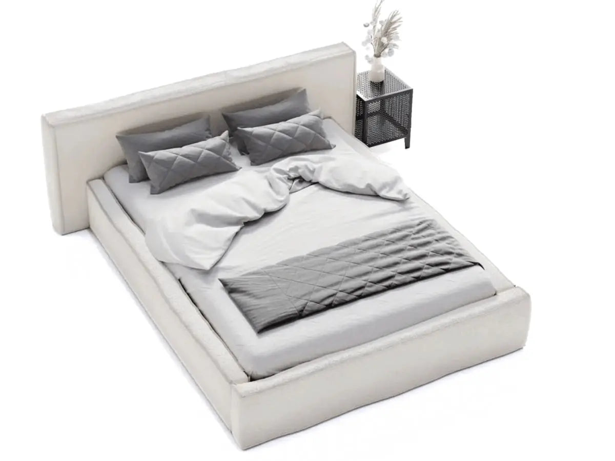 Lit coffre avec grande tête de lit - VALENTINE - Tissu-boucle-blanc-180x200-cm