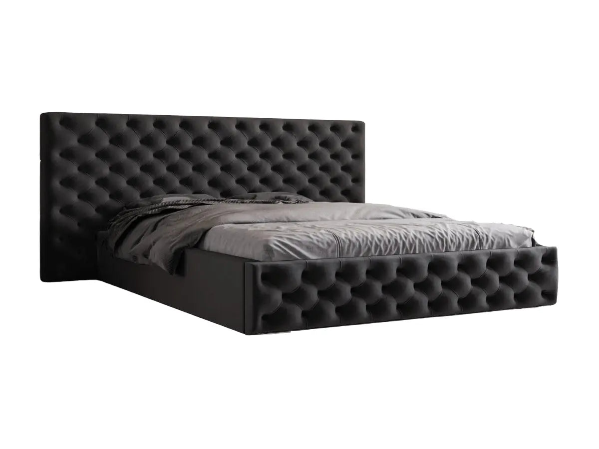 Lit coffre tête de lit XXL capitonnés - ANAIS Velours-noir-180x200-cm