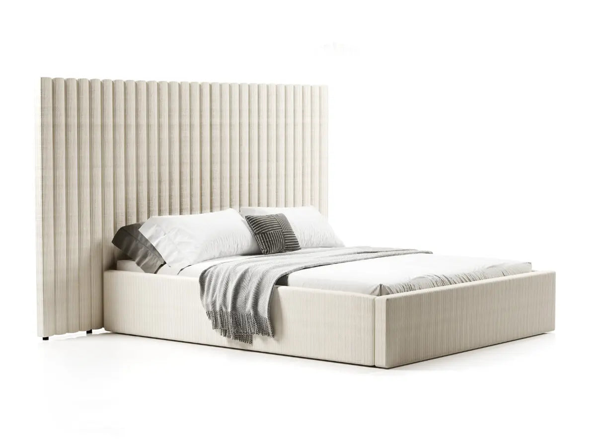 Lit coffre grande tête de lit XXL - EMILIE 180x200-cm-Tissu-velours-côtelé-beige