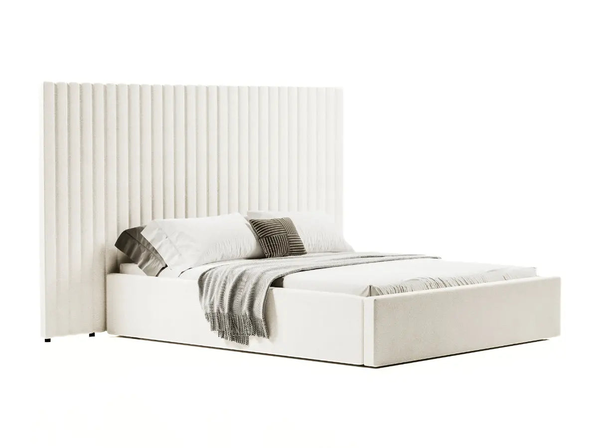 Lit coffre grande tête de lit XXL - EMILIE 180x200-cm-Tissu-bouclé-crème