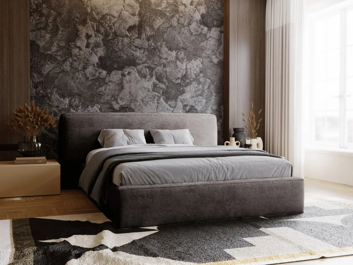 Lit coffre grande tête de lit - OPHELIE Tissu-chenille-gris-foncé-180x200-cm