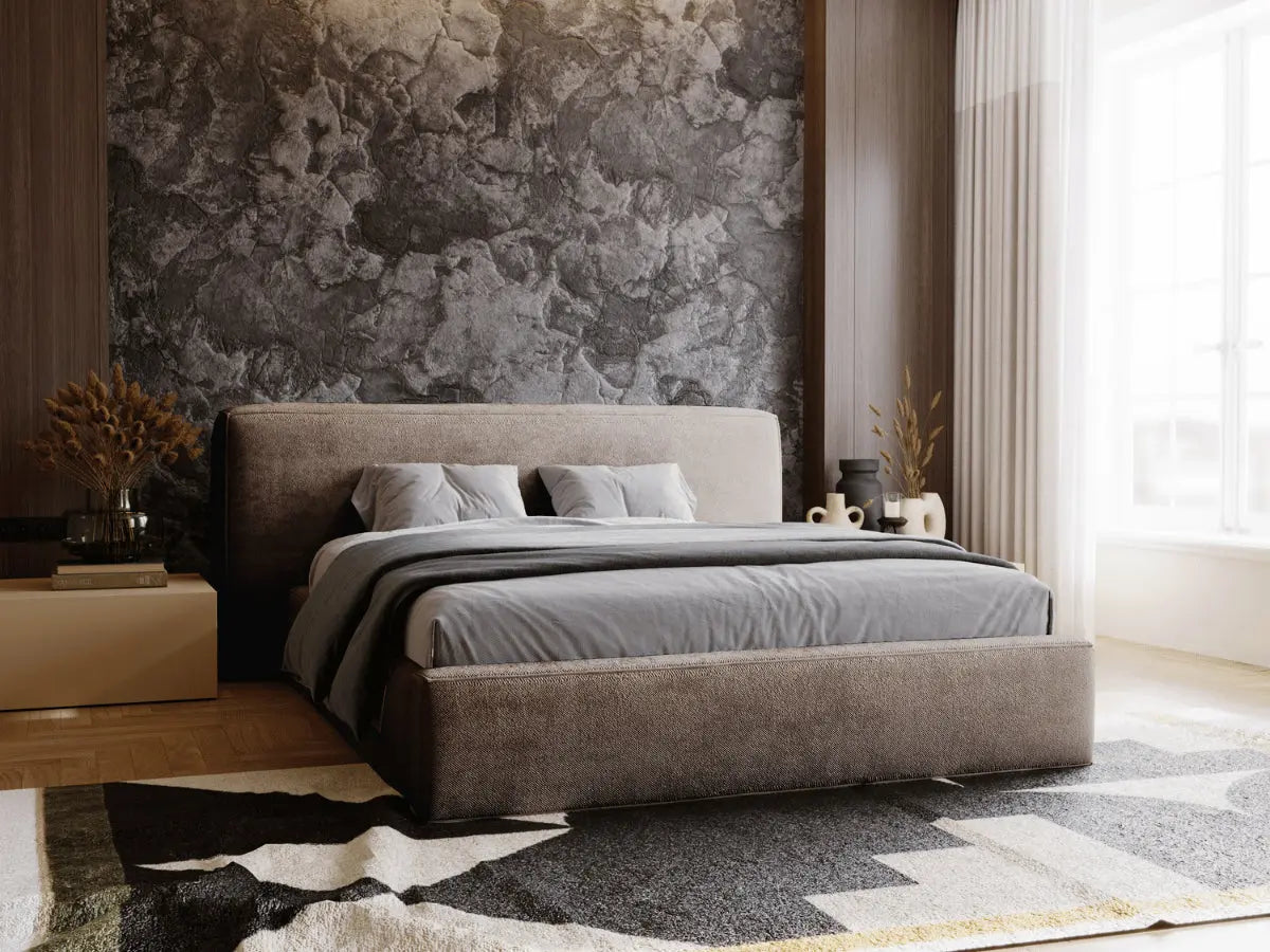 Lit coffre grande tête de lit - OPHELIE Tissu-chenille-moka-180x200-cm