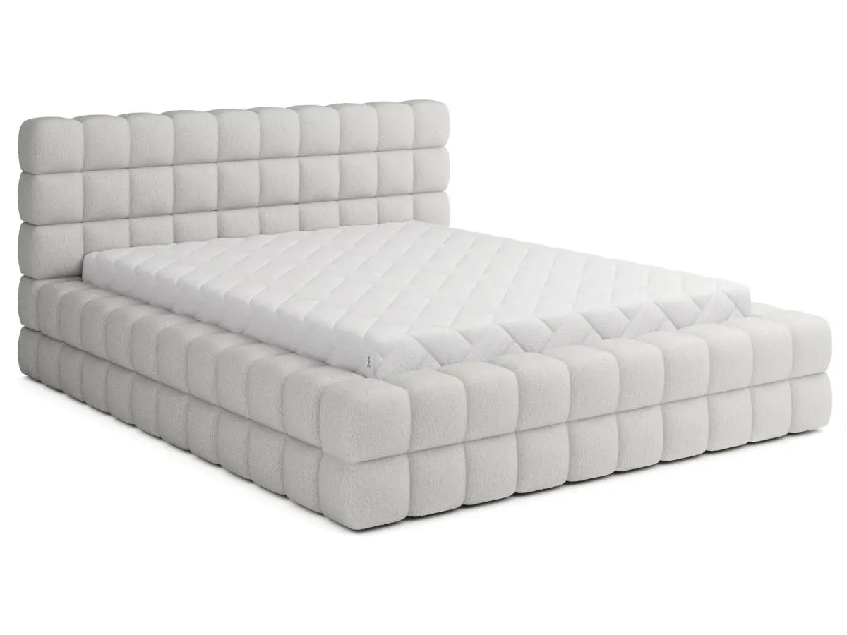 Lit coffre design rembourré - CAMILLE Tissu-boucle-blanc-180x200-cm