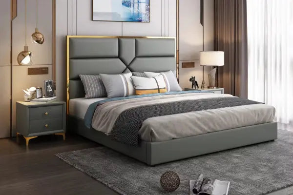 Lit design tête de lit contour effet or - IRENE