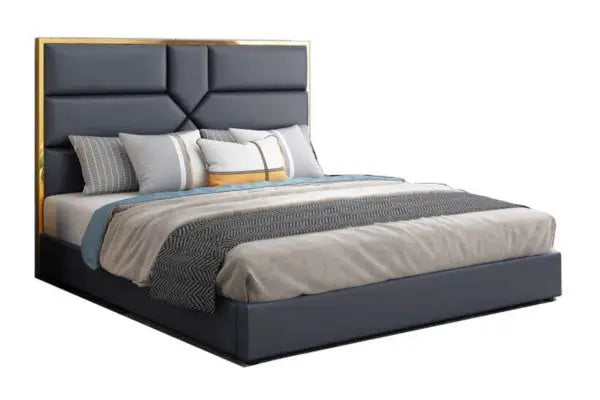 Lit design tête de lit contour effet or - IRENE Simili-cuir-noir-180x200-cm
