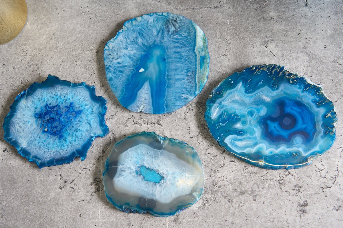 4er Set Untersetzer für Gläser COASTER 10cm blau Edelstein Achat Quarz handmade