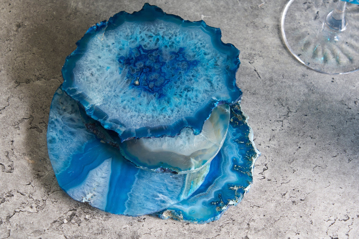 4er Set Untersetzer für Gläser COASTER 10cm blau Edelstein Achat Quarz handmade