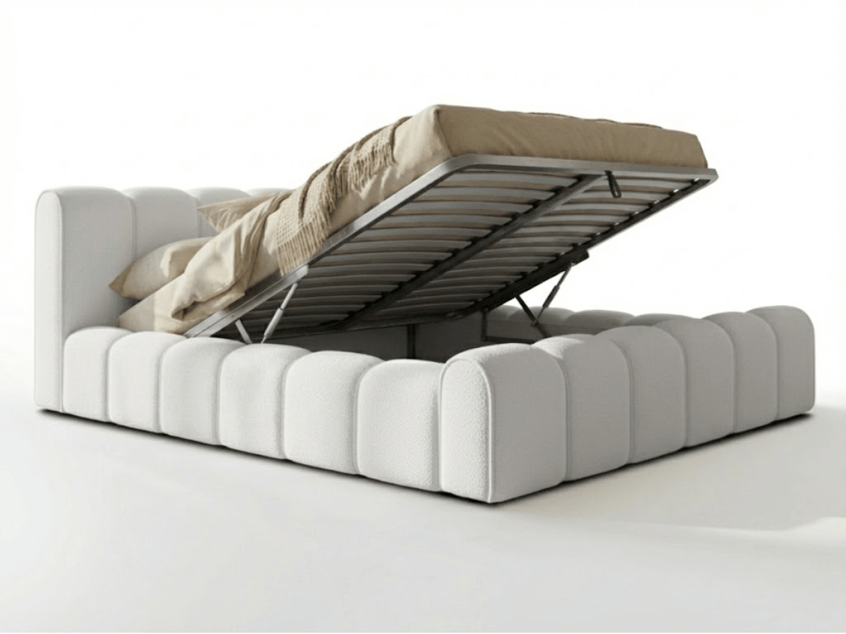 Lit coffre Adèle en tissu bouclette – Design capitonné, coffre de rangement