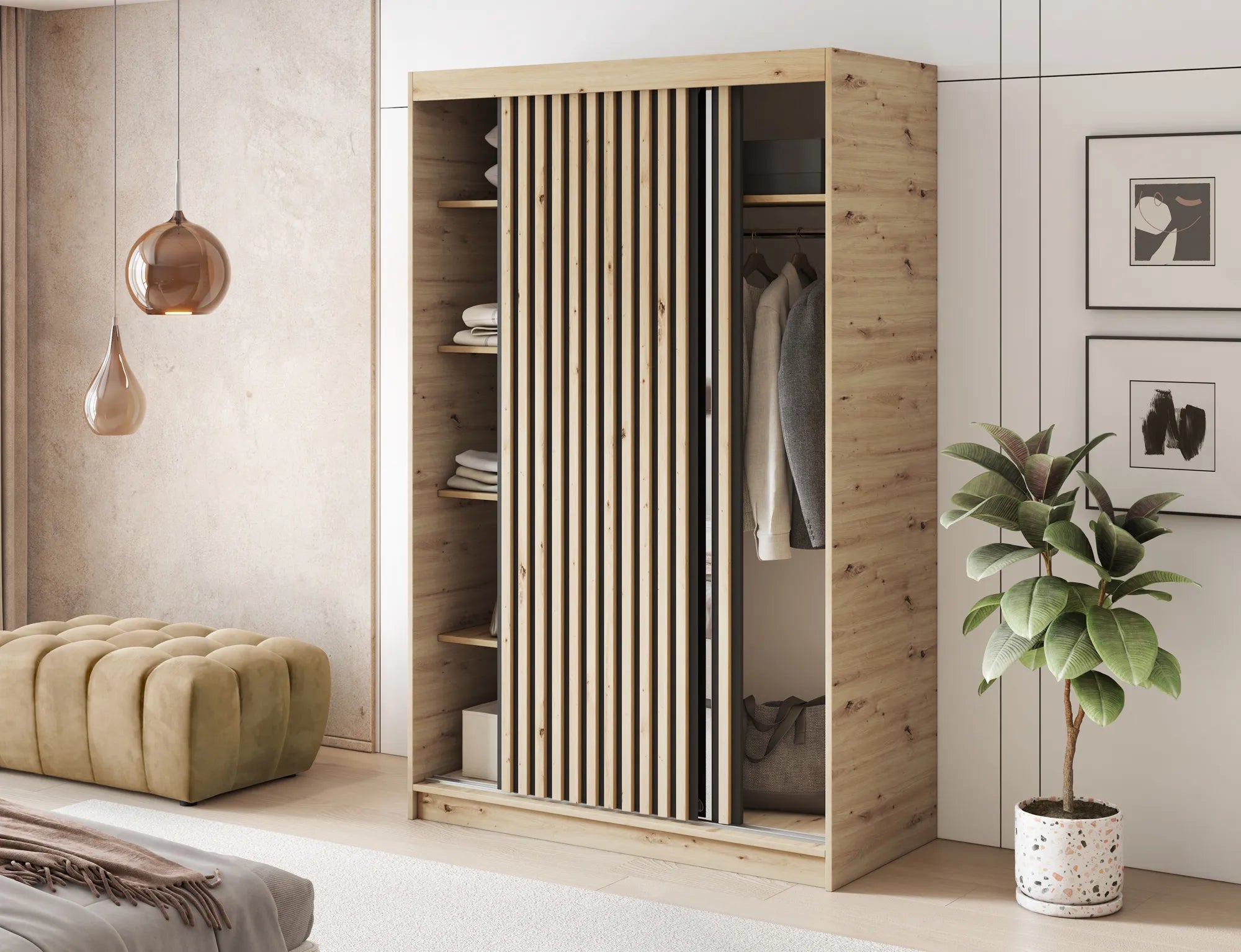 Armoire Dressing Coulissante 120 / 180 cm avec Miroir – Décor Chêne Artisan & Façades Lattes Modernes - LIGNARO