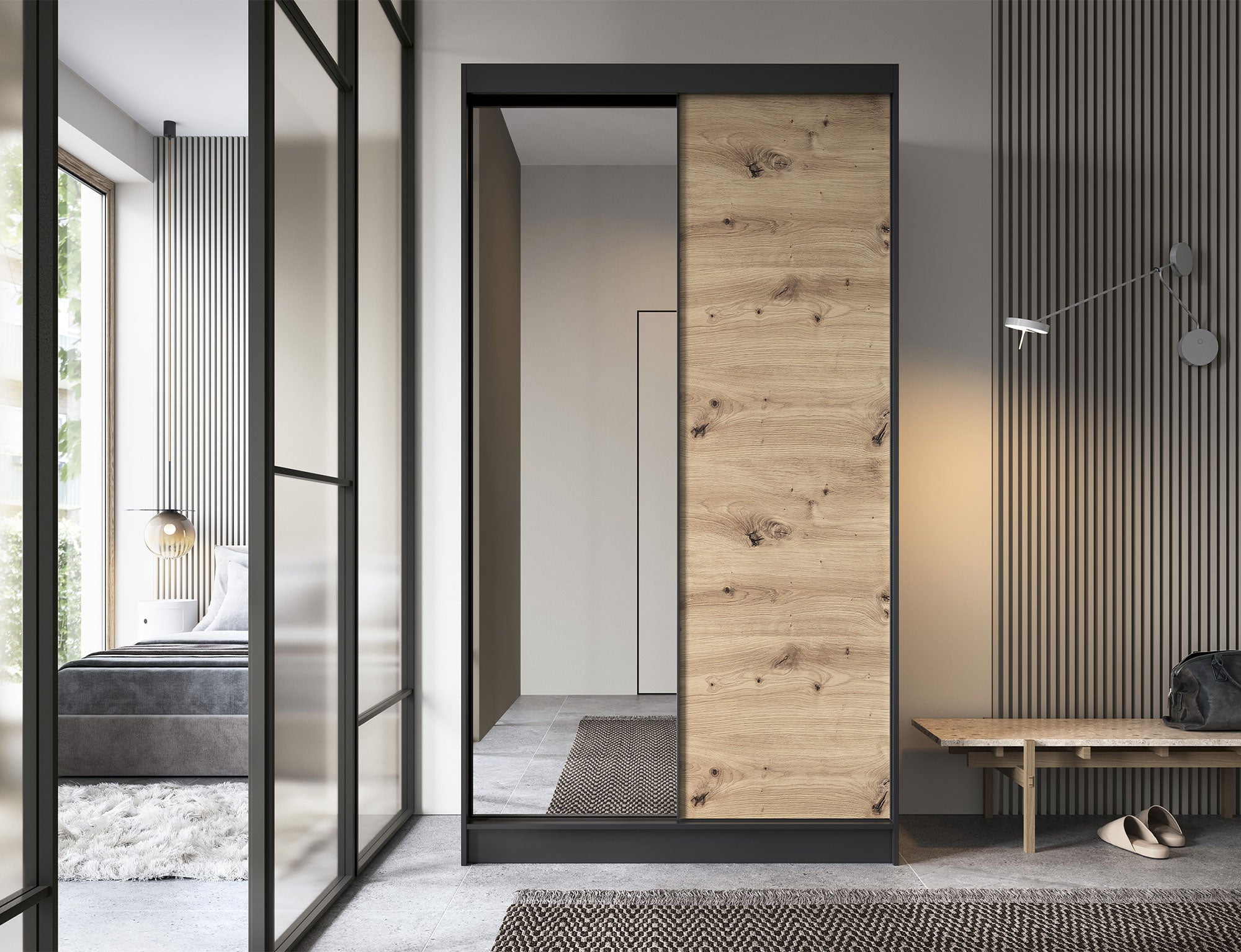 Armoire Dressing Coulissante 120 & 180 cm avec Miroir – Décor Chêne Artisan & Structure Noir Mat - VARELLA