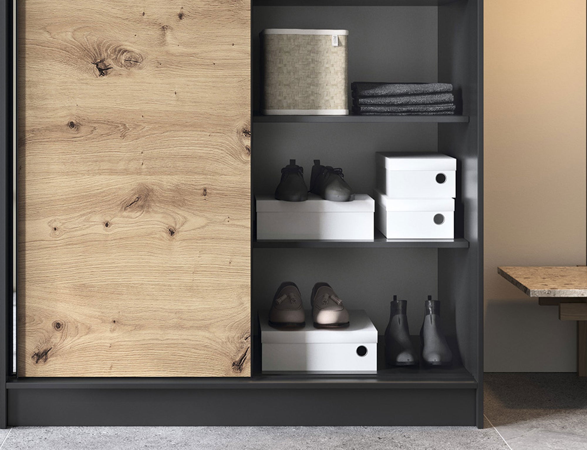 Armoire Dressing Coulissante 120 & 180 cm avec Miroir – Décor Chêne Artisan & Structure Noir Mat - VARELLA