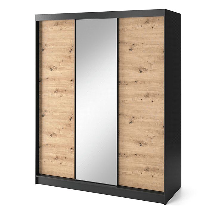 Armoire Dressing Coulissante 120 & 180 cm avec Miroir – Décor Chêne Artisan & Structure Noir Mat - VARELLA