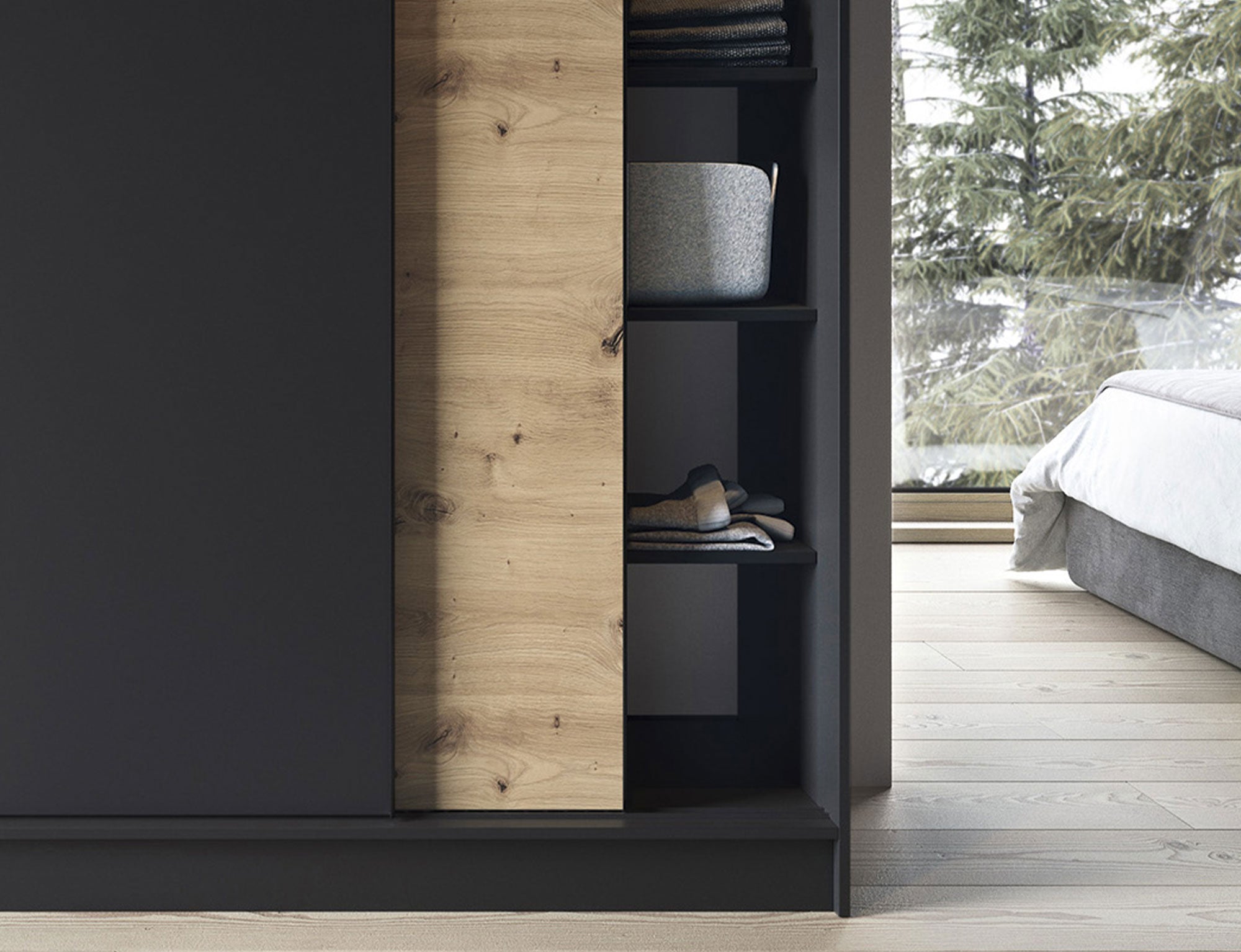 Armoire Dressing Coulissante 120 & 180 cm avec Miroir – Décor Chêne Artisan & Structure Noir Mat - VARELLA