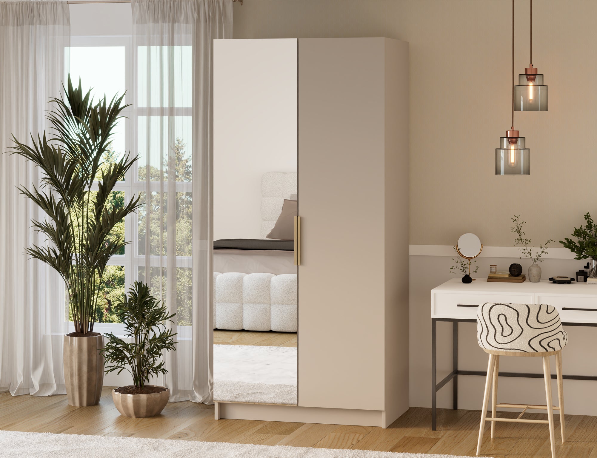 Armoire dressing Léana 100 cm – 2 portes, penderie, étagères, avec ou sans miroir