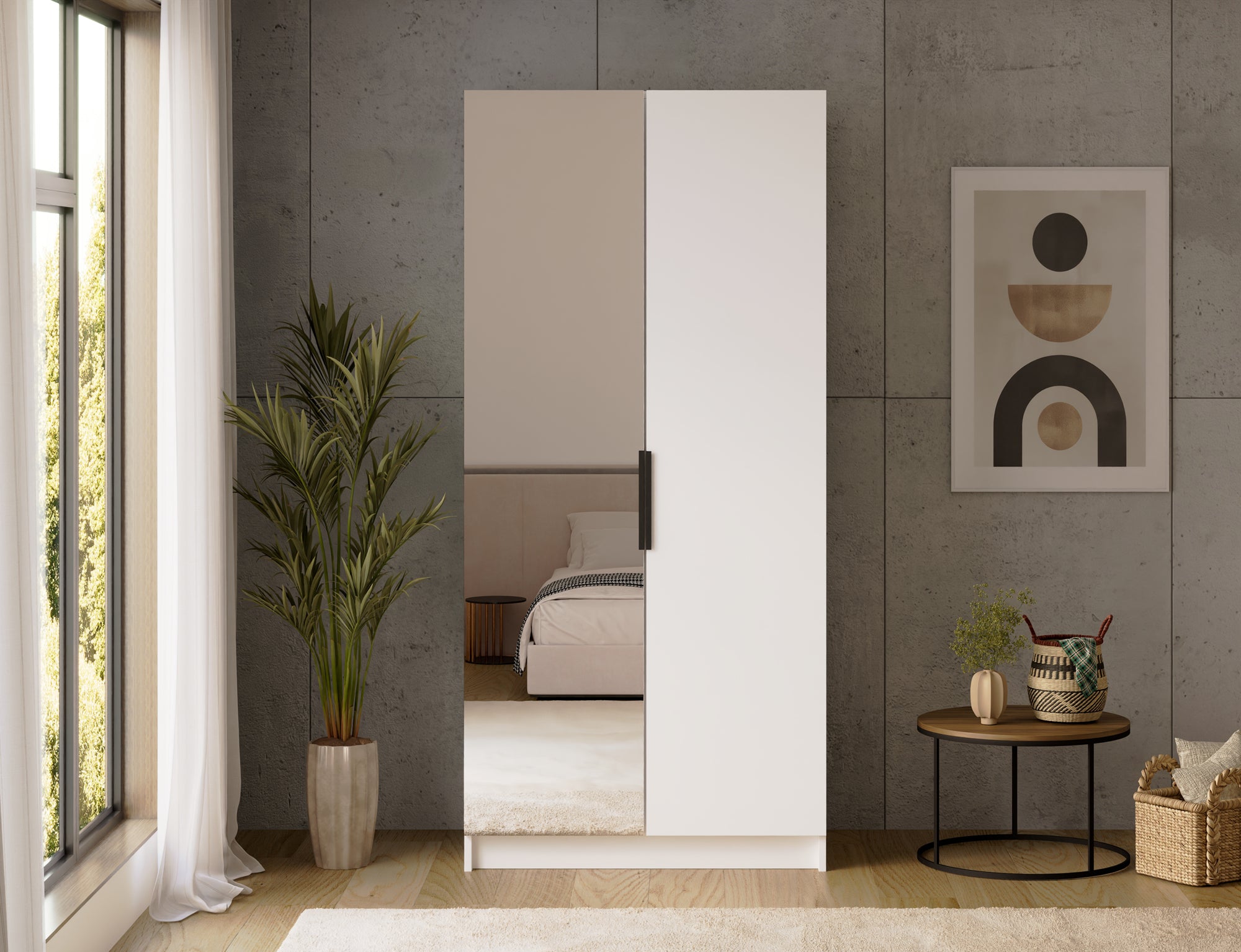 Armoire dressing Léana 100 cm – 2 portes, penderie, étagères, avec ou sans miroir
