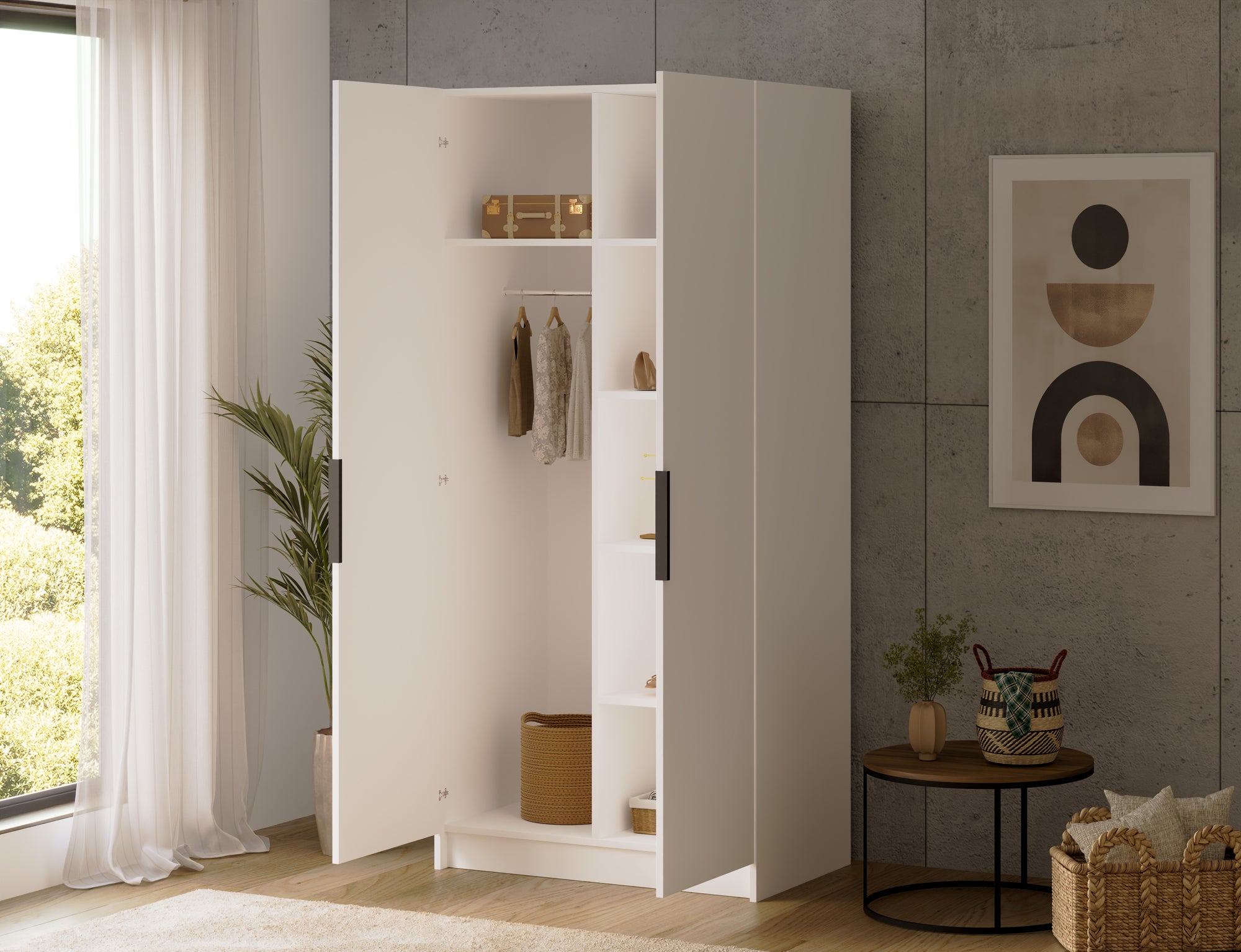 Armoire dressing Léana 100 cm – 2 portes, penderie, étagères, avec ou sans miroir