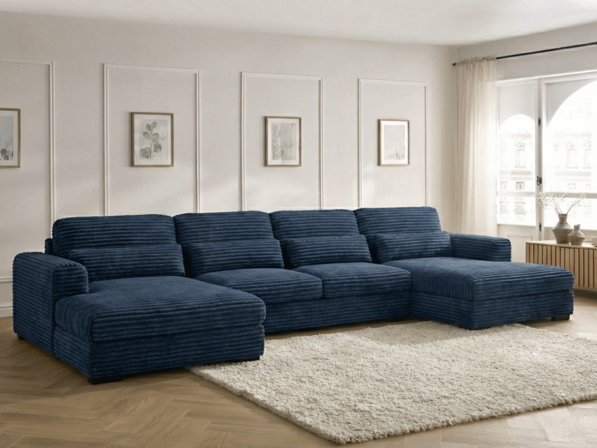Canapé panoramique en U convertible en velours côtelé de grande épaisseur – Bercy