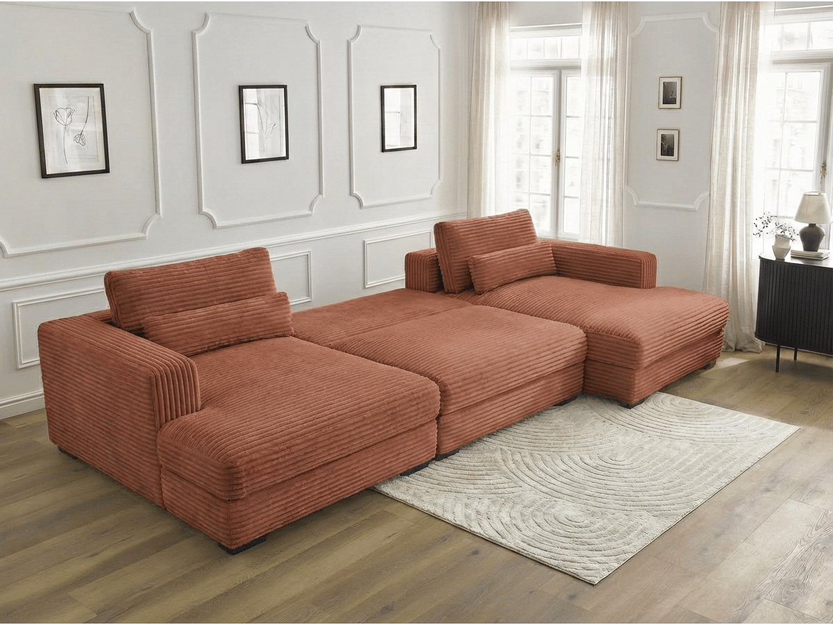 Canapé panoramique en U convertible en velours côtelé de grande épaisseur – Bercy