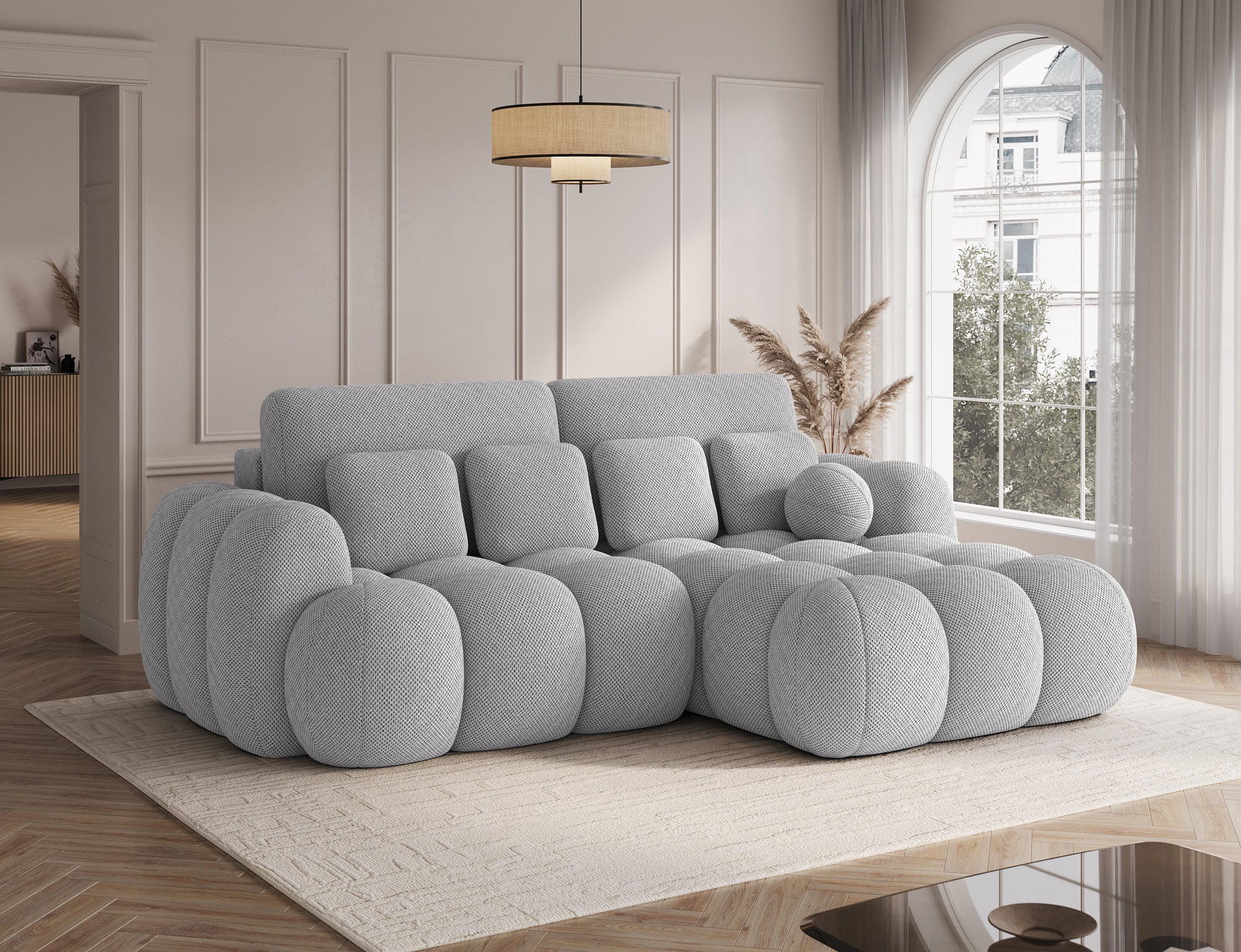 Canapé Saint-Germain angle – close-up assise, tissu texturé 3D gris clair