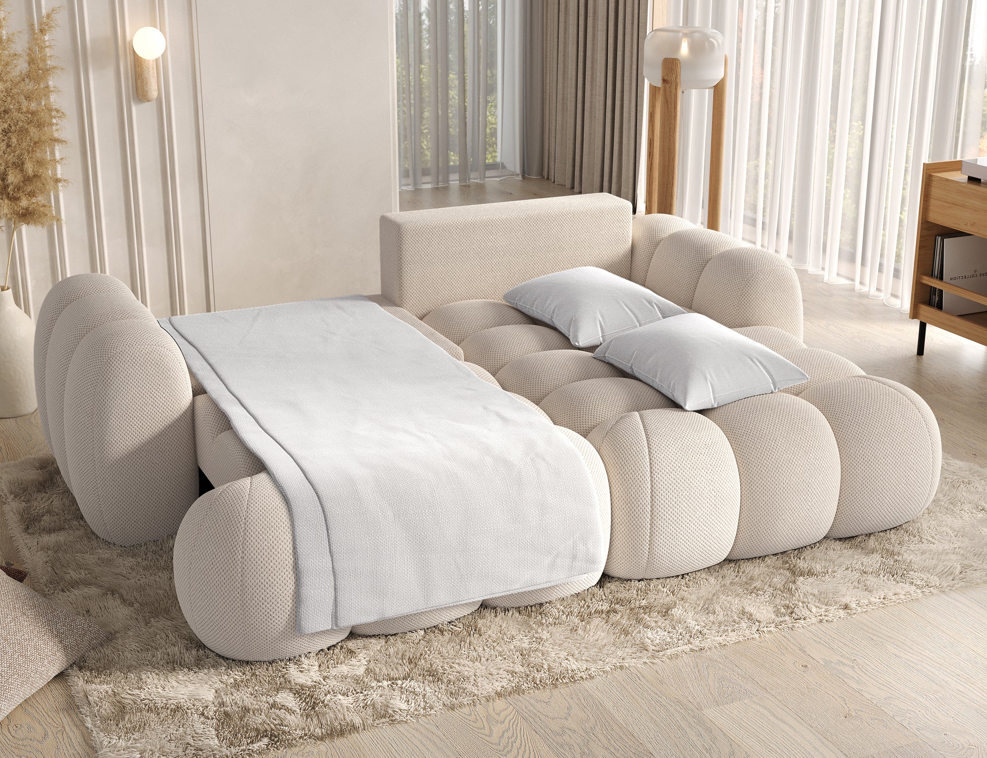 Canapé d'angle convertible Saint-Germain 4 places – vue lifestyle, tissu texturé 3D beige