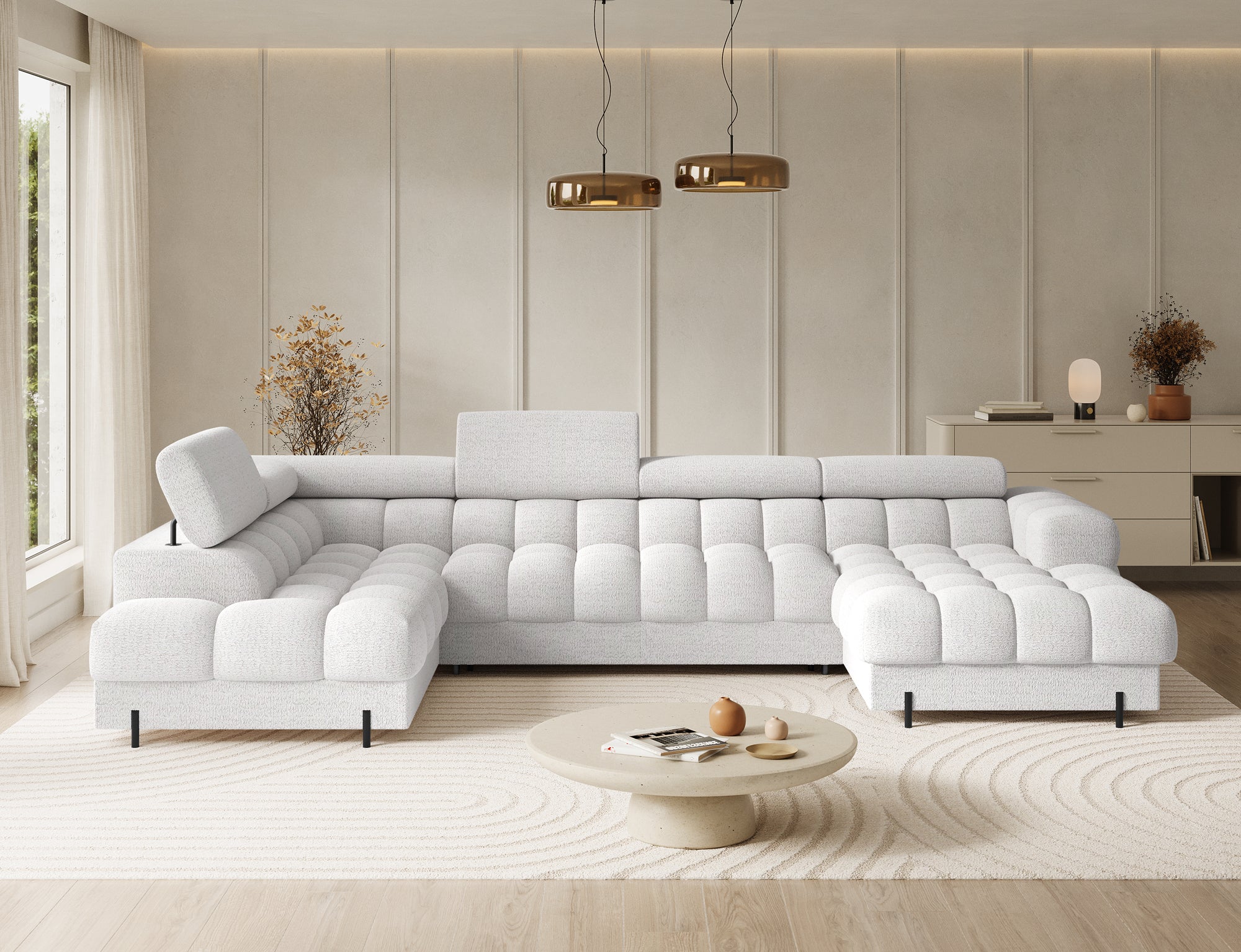 Montceau – Canapé panoramique en U convertible avec coffre et têtières réglables