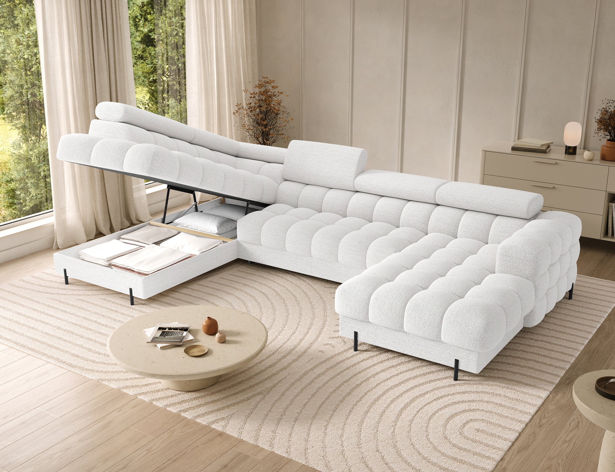 Montceau – Canapé panoramique en U convertible avec coffre et têtières réglables