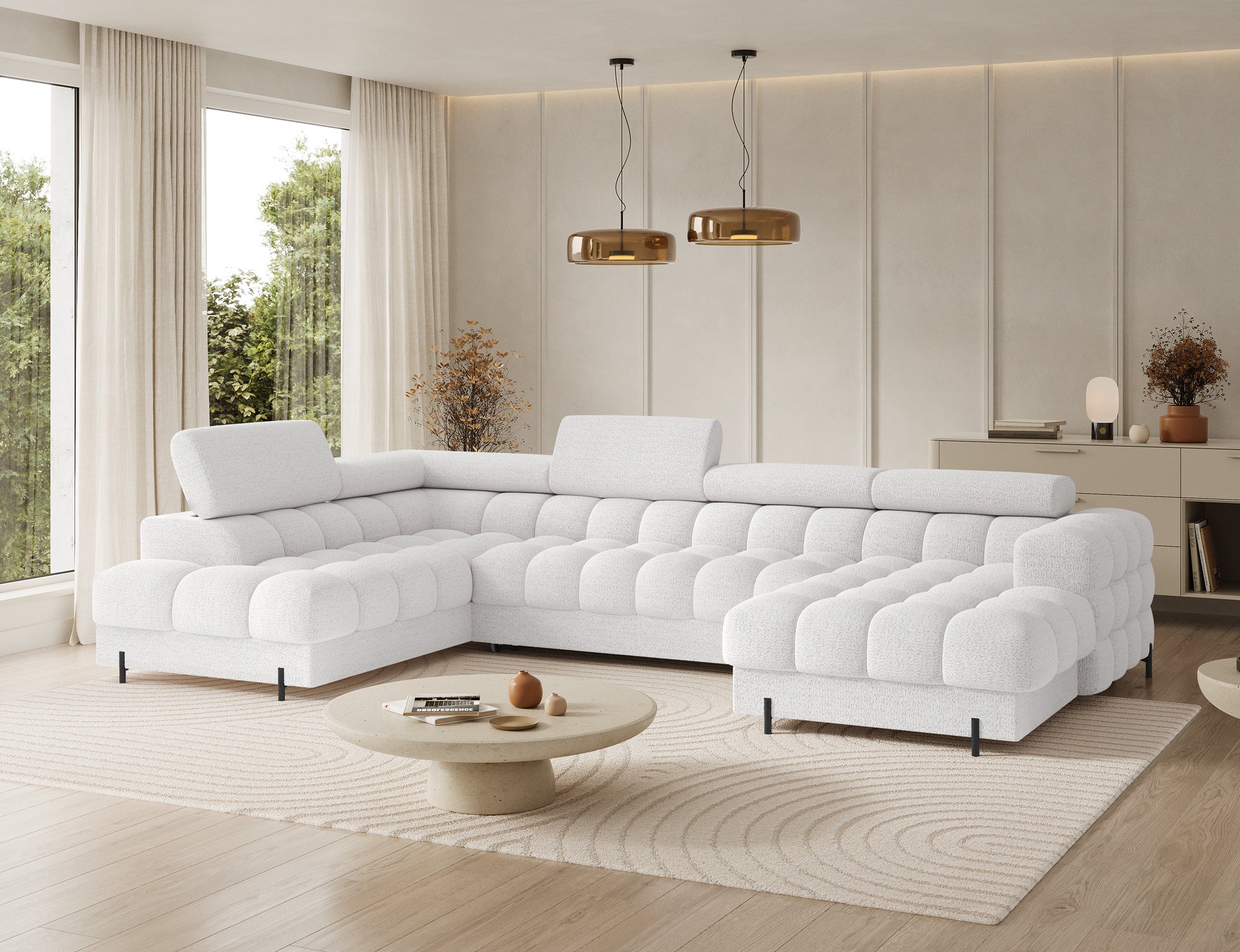 Montceau – Canapé panoramique en U convertible avec coffre et têtières réglables